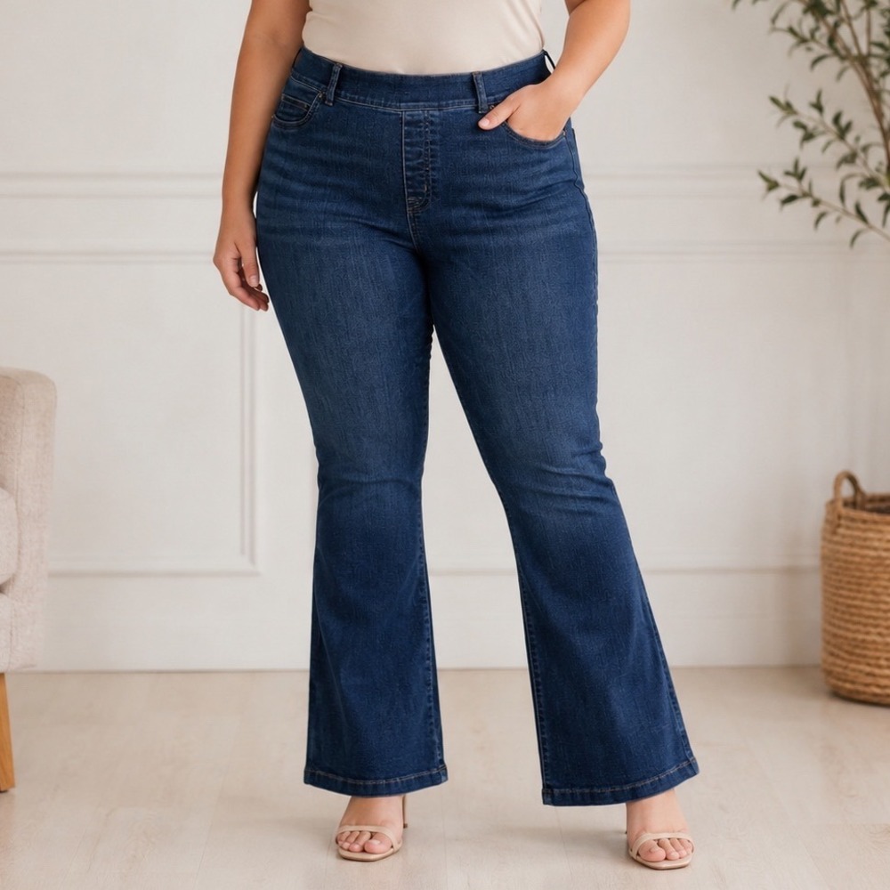 Spanx Flare Jeans Womens XL Petite Blue Pull On High Rise Stretch Denim